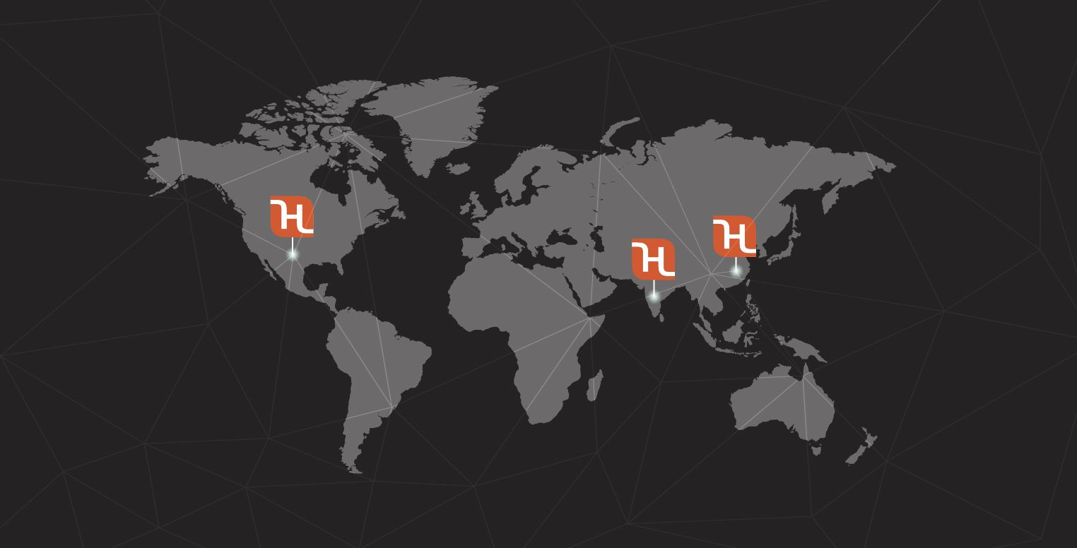World map marking Holland 1916 facilities in the United States, India and China